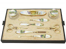 Sterling Silver, Cut Glass and Guilloche Enamel Dressing Table Set - Antique George V (1927); A3428
