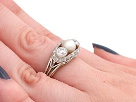 Antique Pearl and Diamond Ring in White Gold Wearing