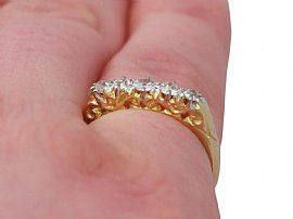 Antique Yellow Gold Five Stone Diamond Ring Wearing Finger