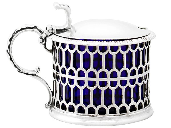 Silver Mustard Pot with Blue Glass Liner