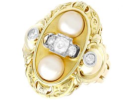 Pearl and 0.72 ct Diamond, 14 ct Yellow Gold Dress Ring - Vintage German Circa 1950