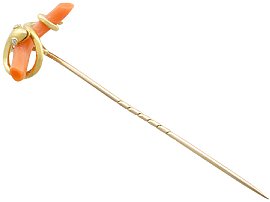 Diamond and Coral, 18ct Yellow Gold 'Snake' Pin Brooch - Antique Victorian