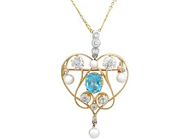 3.22 ct Diamond and 2.10 ct Aquamarine, Pearl and 18 ct Yellow Gold Pendant/Brooch - Antique Victorian