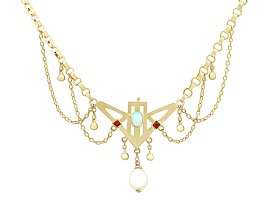 0.32ct Opal and Ruby, 9ct Yellow Gold Necklace - Art Nouveau - Antique Circa 1900