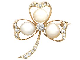Pearl and 1.05ct Diamond, 14ct Yellow Gold Clover Brooch - Antique Victorian