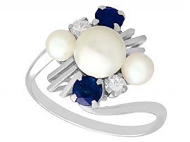 Pearl and 0.50ct Sapphire, 0.12ct Diamond and 18ct White Gold Twist Ring - Vintage Circa 1970