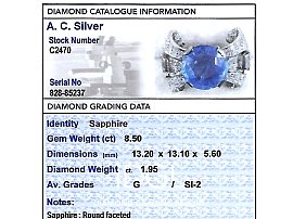 Blue sapphire cocktail ring grading card