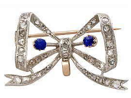0.45ct Sapphire and 0.93ct Diamond, 15ct Yellow Gold Bow Brooch - Antique French Circa 1890