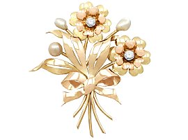 0.90ct Diamond and Pearl, 18ct Yellow and Rose Gold Brooch - Vintage Circa 1950