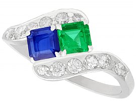 0.47ct Sapphire and 0.50ct Emerald, 0.77ct Diamond and Platinum Twist Ring - Vintage Circa 1950