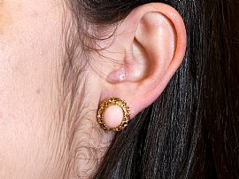 Vintage Pink Coral Earrings Gold Wearing 