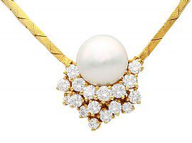 Cultured Pearl and 1.75 ct Diamond, 14ct Yellow Gold Necklace - Vintage Circa 1960