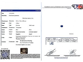 Oval Cut Blue Sapphire and Diamond Ring Certificate