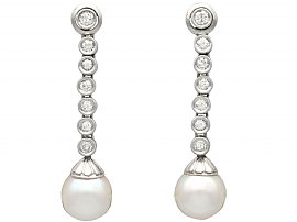 1.10ct Diamond and Cultured Pearl, Platinum and 9ct White Gold Drop Earrings - Vintage Circa 1950