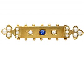 0.18ct Sapphire, Diamond and Pearl, 18ct Yellow Gold Bar Brooch - Antique Victorian (Circa 1890)