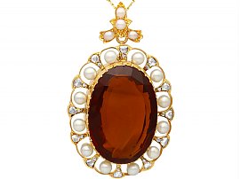49.55ct Citrine, 1.06ct Diamond, Pearl and 18ct Yellow Gold Pendant - Antique Victorian (1875)