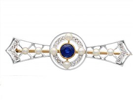 0.64ct Sapphire, 0.20ct Diamond and Seed Pearl, 9ct Yellow Gold and Platinum Brooch - Antique Circa 1905