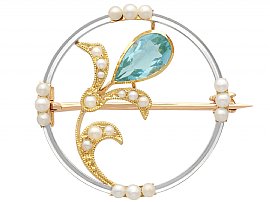 0.85ct Aquamarine and Pearl, 12ct Yellow Gold Brooch - Art Nouveau - Antique Circa 1925