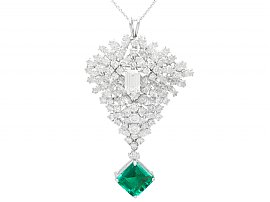 7.47ct Zambian Emerald and 14.50ct Diamond, 18ct White Gold Brooch / Pendant - Vintage Circa 1960
