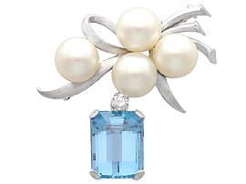 6.68ct Aquamarine, Pearl and 0.13ct Diamond and 18ct and 14ct White Gold Brooch - Vintage Circa 1980
