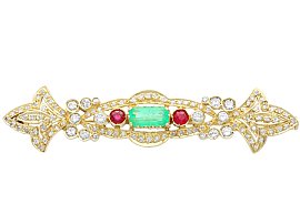 0.93ct Emerald, 0.24ct Ruby and 1.04ct Diamond, 18ct Yellow Gold Brooch - Vintage Circa 1980