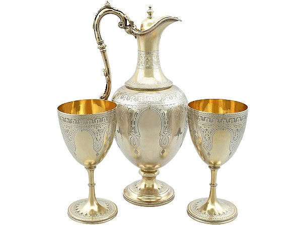 Silver Wine Jug with Lid and Goblets