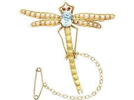 Antique Aquamarine, Ruby and Pearl Dragonfly Brooch in Yellow Gold