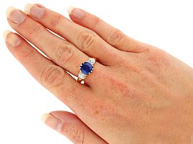 Wearing Ceylon Sapphire Trilogy Ring for Sale
