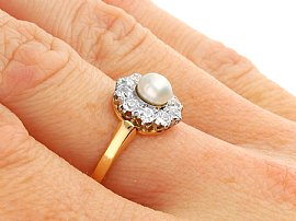 Edwardian Pearl Cluster Ring with Diamonds Wearing