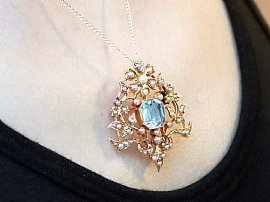 Wearing Seed Pearl and Aquamarine Pendant Victorian