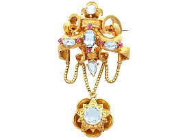 Victorian 8.65ct Aquamarine and Ruby 21ct Yellow Gold Brooch