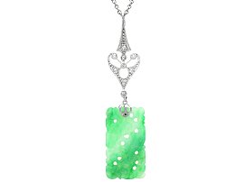 Antique 4.60ct Carved Jadeite and 0.28ct Diamond Pendant in 18ct White Gold