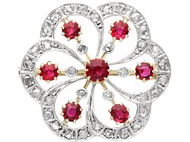 Victorian 1.50ct Ruby and 0.60ct Diamond, 12ct Yellow Gold Flower Brooch
