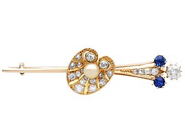 Antique 0.82ct Diamond, Sapphire, Pearl Shell Bar Brooch in 12ct Yellow Gold