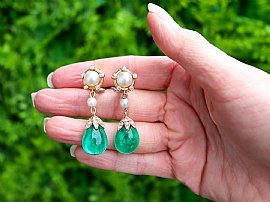 Emerald and Pearl Drop Earrings for Sale outside