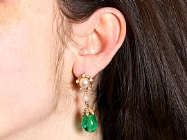 Emerald and Pearl Drop Earrings wearing