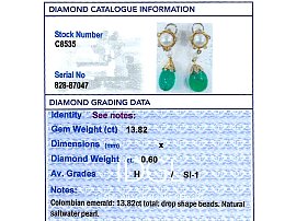 Emerald and Pearl Drop Earrings grading card