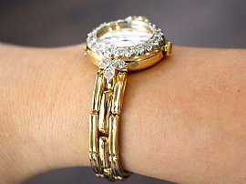 Ladies Yellow Gold Watch with Diamonds wearing