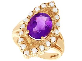 2.51ct Amethyst and Seed Pearl, 9ct Yellow Gold Dress Ring - Vintage 1976