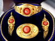 coral and diamond yellow gold jewellery set boxed
