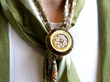 Antique Gold Enamel Mourning Brooch on a scarf