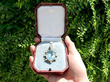 aquamarine and pearl yellow gold pendant in box outside