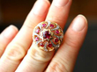 1930s Ruby and Diamond Cocktail Ring in Yellow Gold on finger