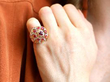 wearing 1930s Ruby and Diamond Cocktail Ring in Yellow Gold