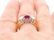 Vintage Ruby and Diamond Trilogy Ring on Finger