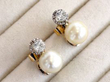 Cultured Pearl and Diamond Stud Earrings in Stand