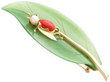 side of 14K Yellow Gold Chrysoprase coral pearl Leaf Brooch