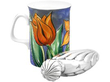 Large Victorian Fluted Silver Flask next to mug