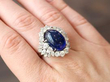 No Heat Sapphire Cluster Ring with Diamonds on finger