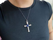 Vintage Sapphire Cross Pendant in Platinum wearing